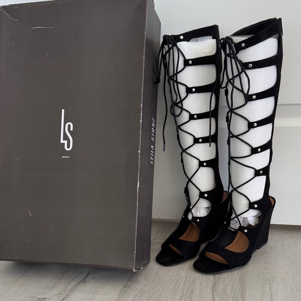 Leila Stone JAMAICA Black Lace-Up Gladiator Wedge Sandals